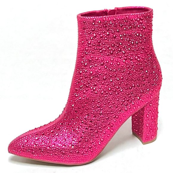 Shoes - New Fuchsia Pink Blingy Rhinestone Pointed Toe Chunky Heel Ankle Boots Booties